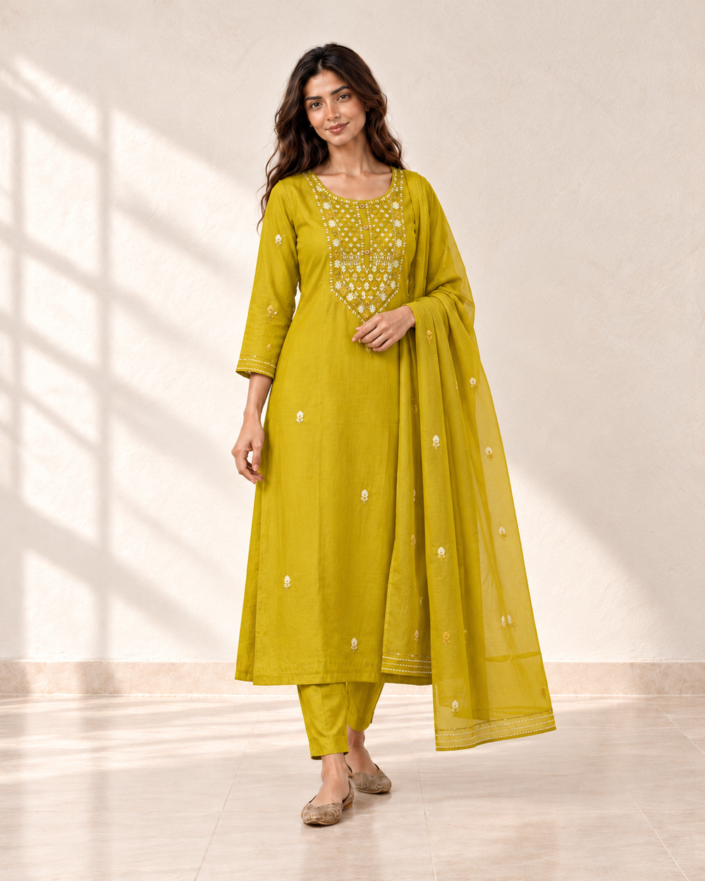 Kesar Mustard Embellished Kurta Set, three-quarter view