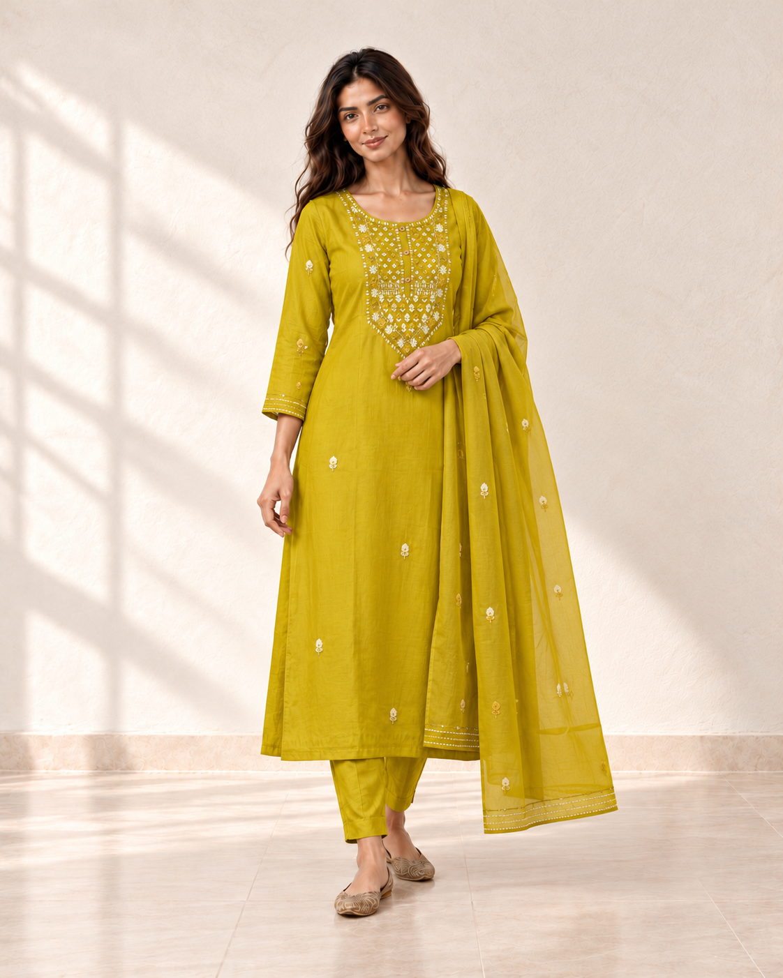 Kesar Mustard Embellished Kurta Set, three-quarter view