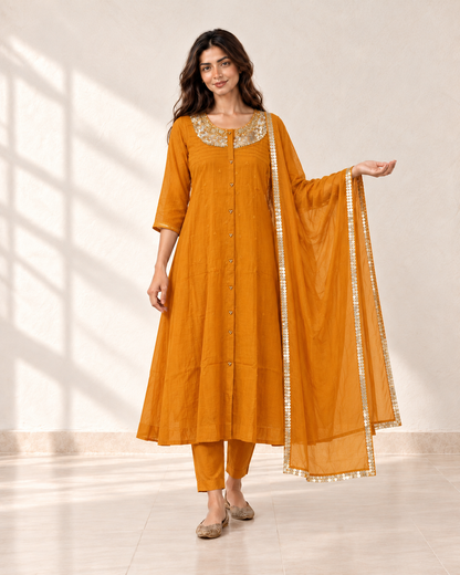 Aarohi Saffron Neck-Detail Kurta Set, front view