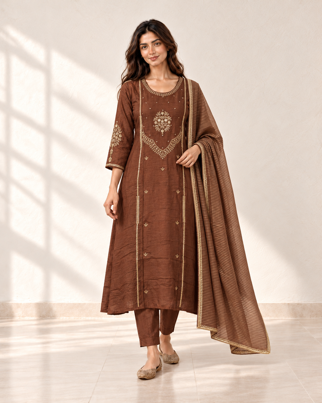 Avani Rust Embroidered Kurta Set, styled look
