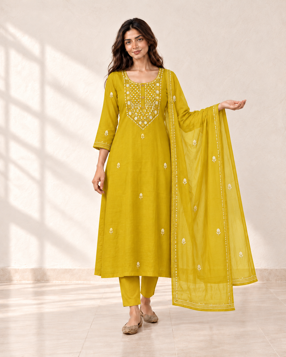 Kesar Mustard Embellished Kurta Set, front view