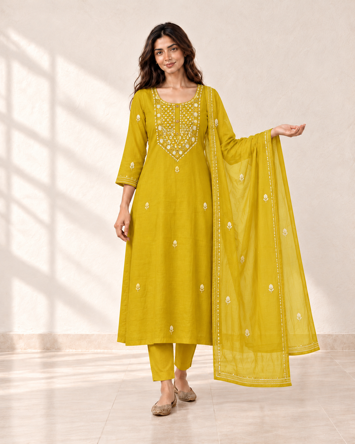 Kesar Mustard Embellished Kurta Set, front view