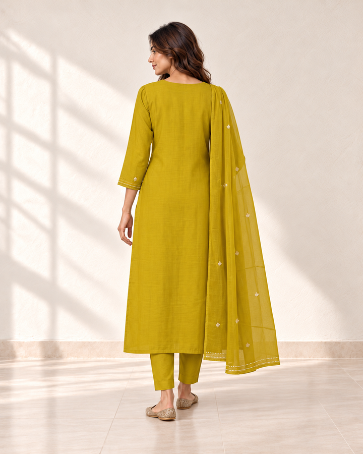 Kesar Mustard Embellished Kurta Set, back view