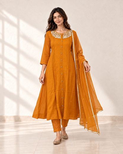 Aarohi Saffron Neck-Detail Kurta Set, styled look