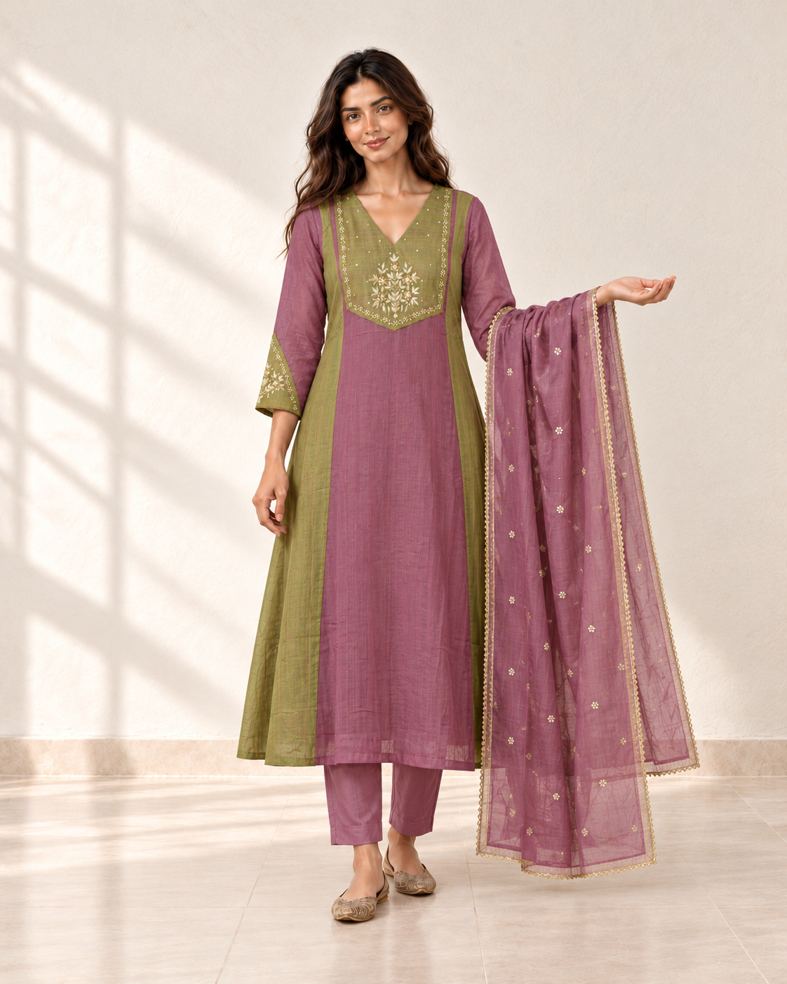 Saanjh Mauve Contrast-Panel Kurta Set, front view
