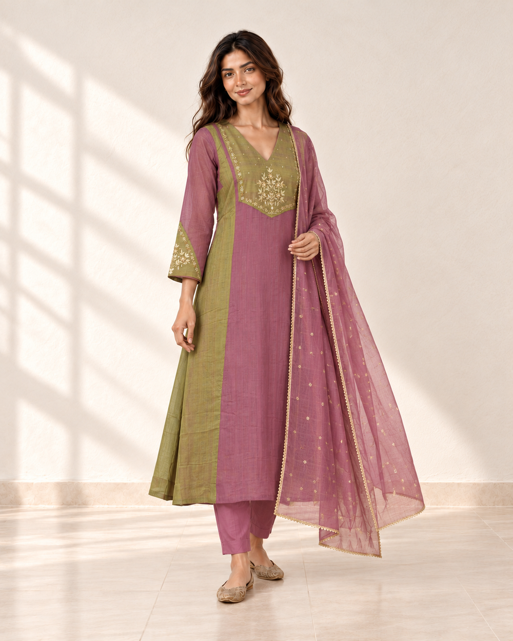 Saanjh Mauve Contrast-Panel Kurta Set, three-quarter view