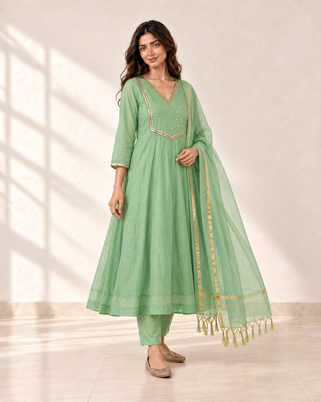 Ira Mint Embellished Kurta Set, three-quarter view