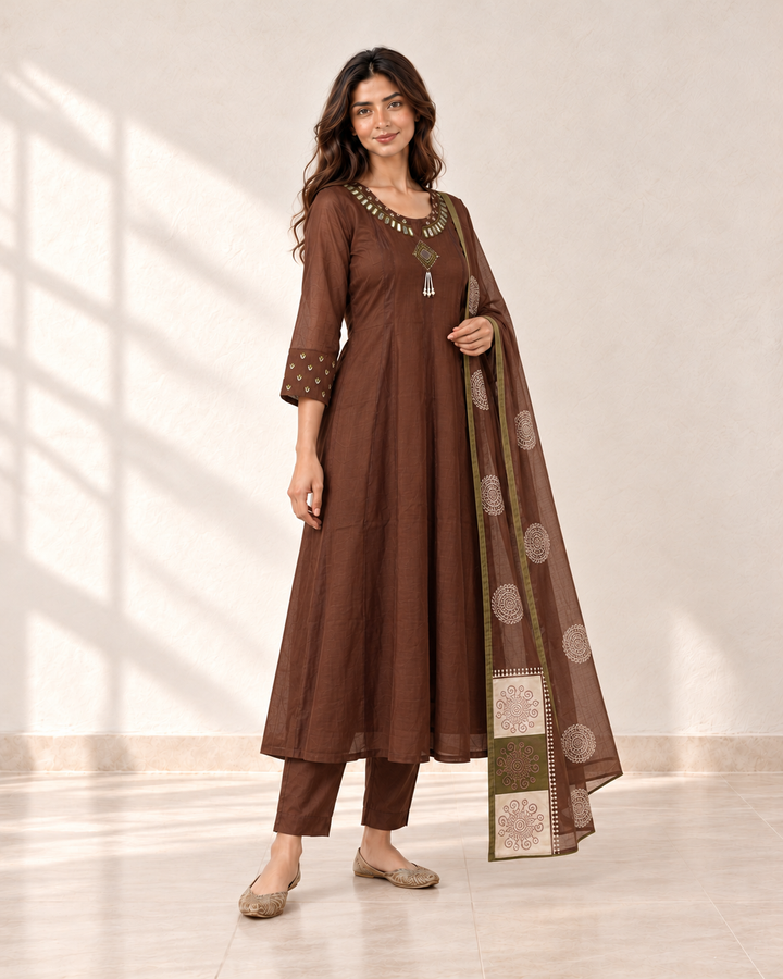 Dhara Cocoa Motif Kurta Set, three-quarter view