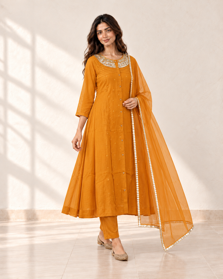 Aarohi Saffron Neck-Detail Kurta Set, three-quarter view