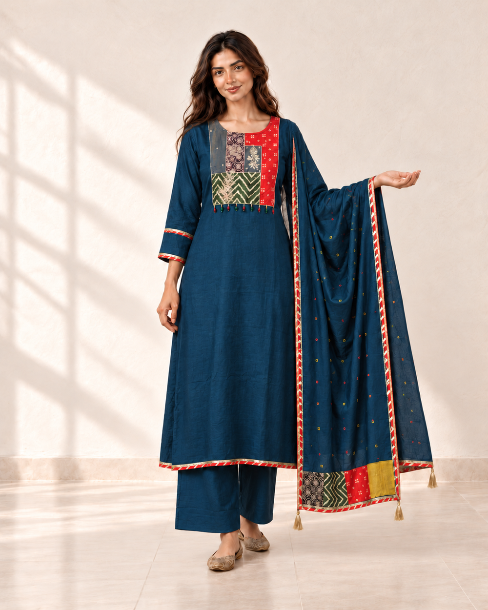 Tara Deep Blue Panel Kurta Set, front view