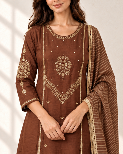 Avani Rust Embroidered Kurta Set, detail view