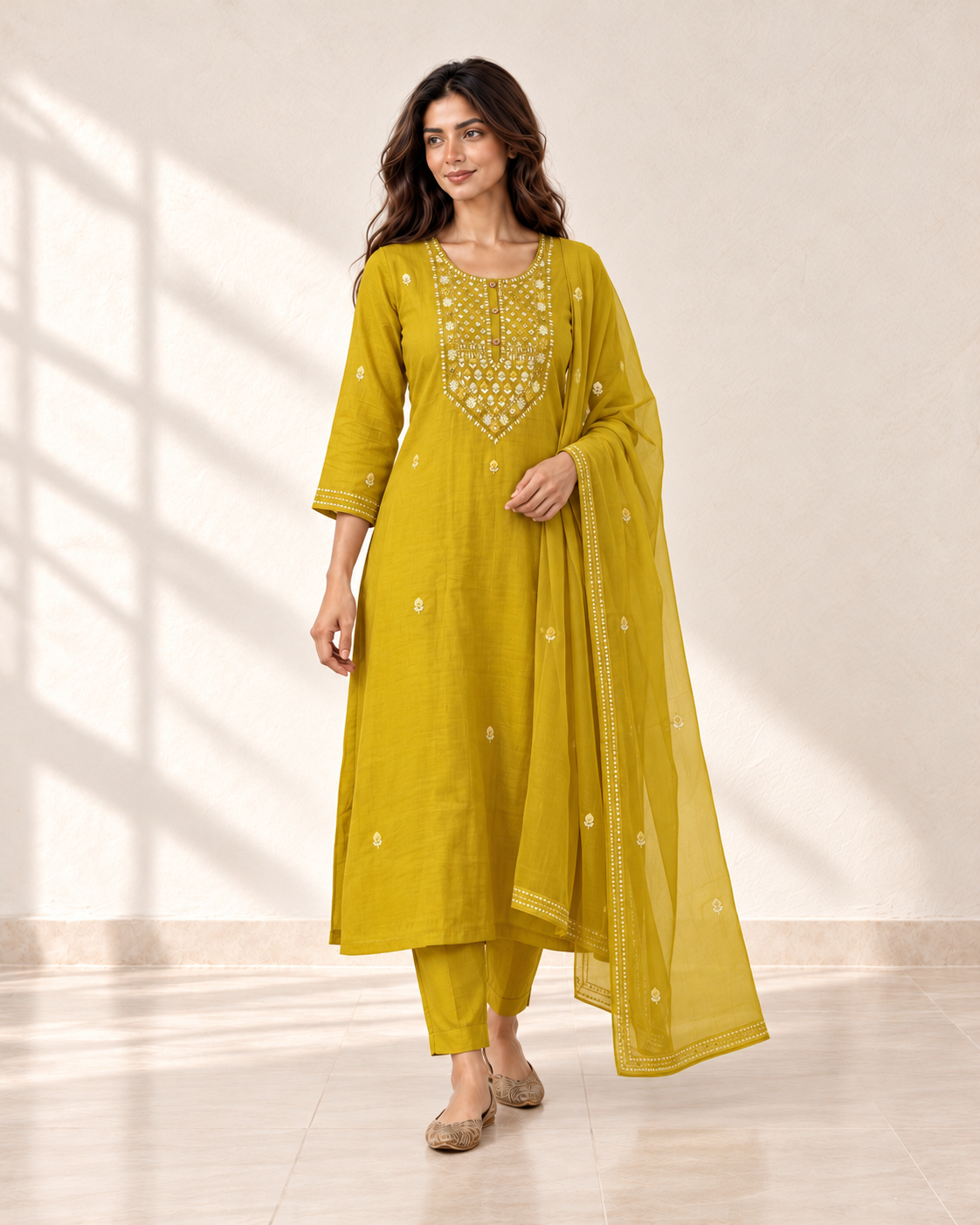 Kesar Mustard Embellished Kurta Set, styled look