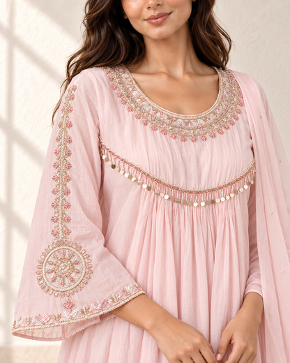Noor Baby Pink Chanderi Kurta Set — Zardozi detail