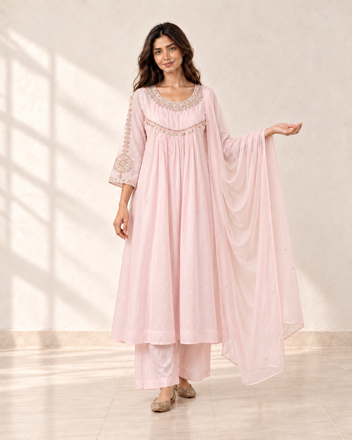 Noor Baby Pink Chanderi Kurta Set — front view