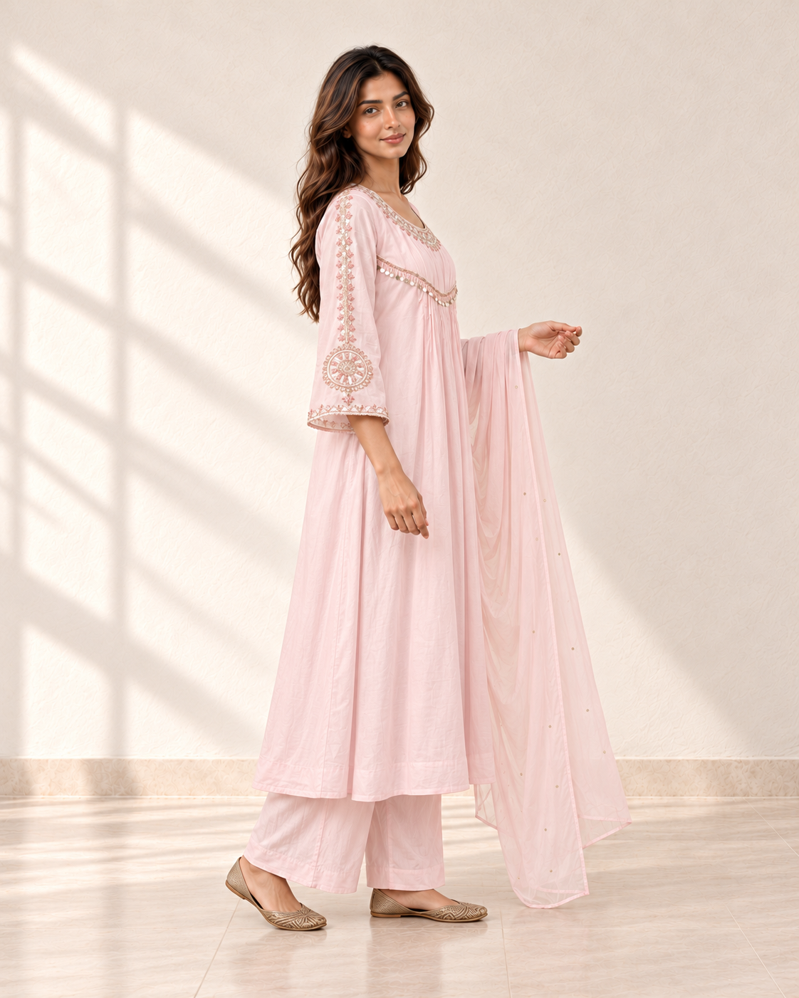 Noor Baby Pink Chanderi Kurta Set — side view